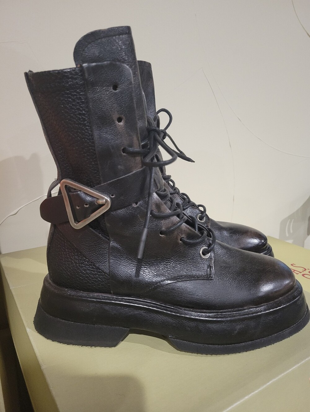 A.S.98 VERO Distressed Black Leather Lace-Up Combat Boots 7
